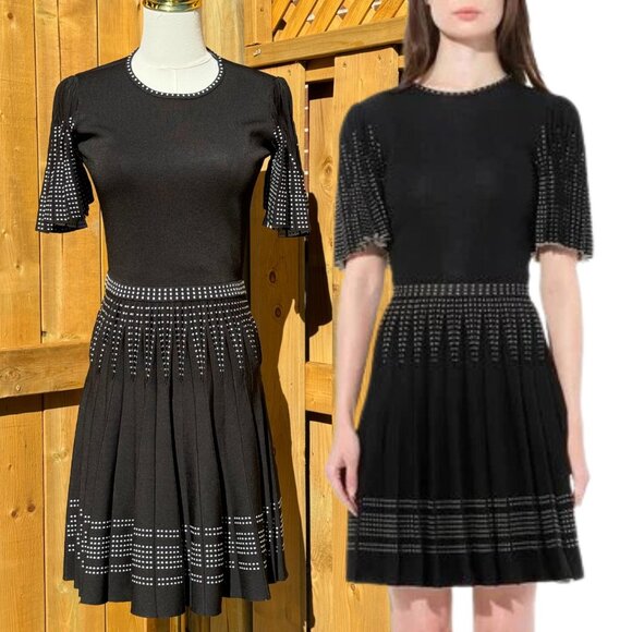 🆕 ALEXANDER MCQUEEN 🧿 NWOT Black/White Dot Pleat Fit n Flare Dress, Sz M - Picture 1 of 16